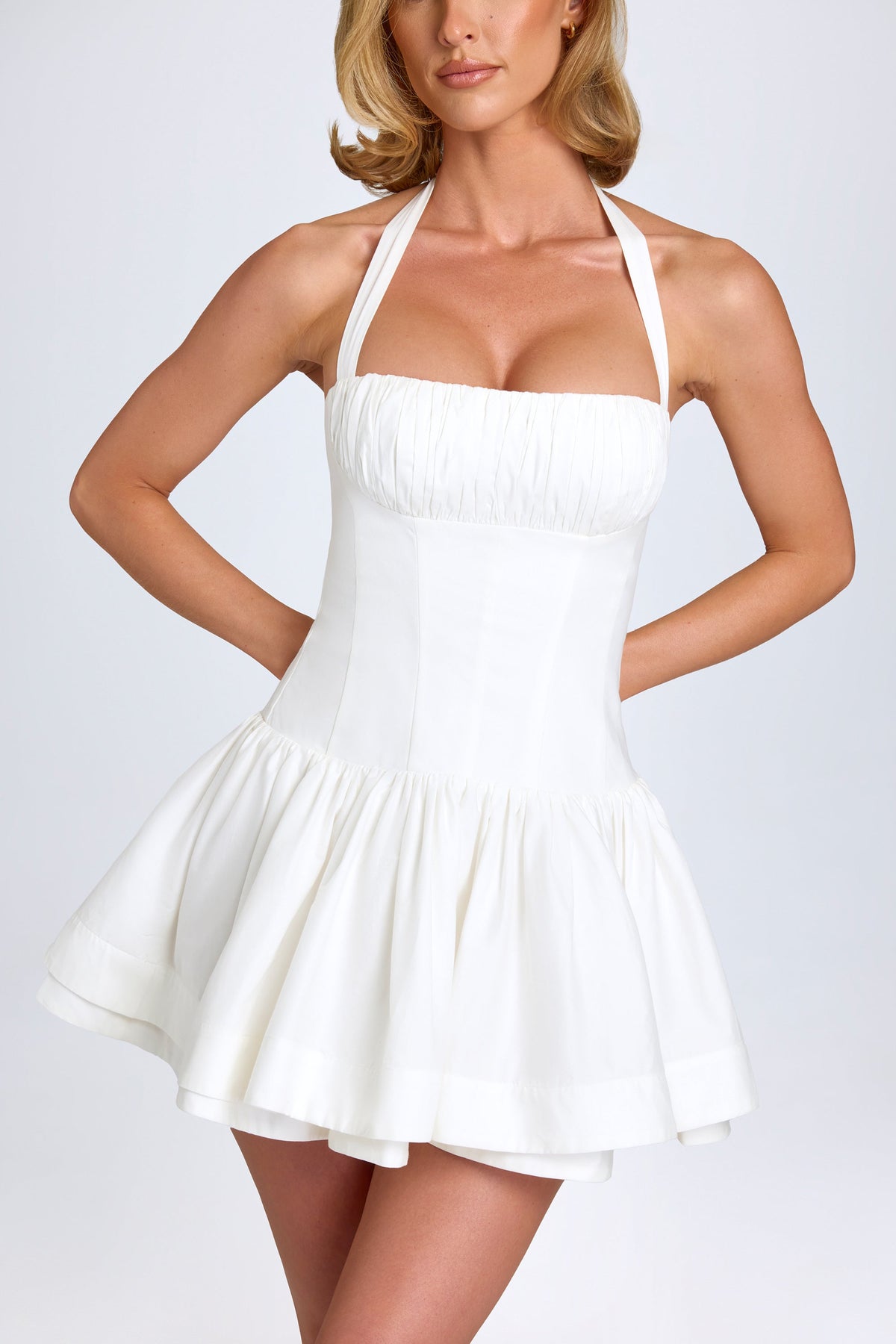 Women's White Halterneck Mini Dress – Ruched Fitted Summer Dress
