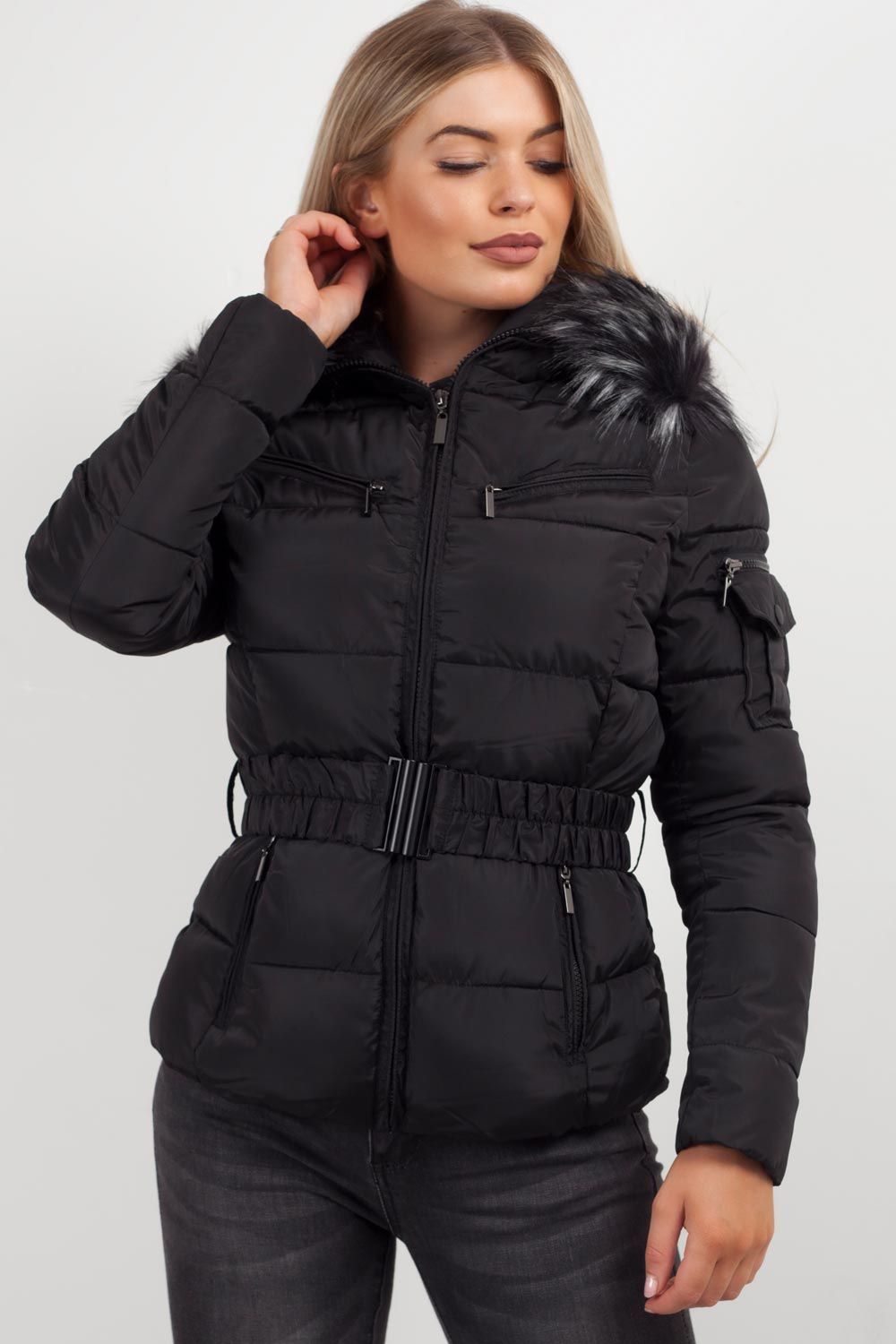 Women's Black Belted Puffer Coat – Quilted, Detachable Faux Fur Hood