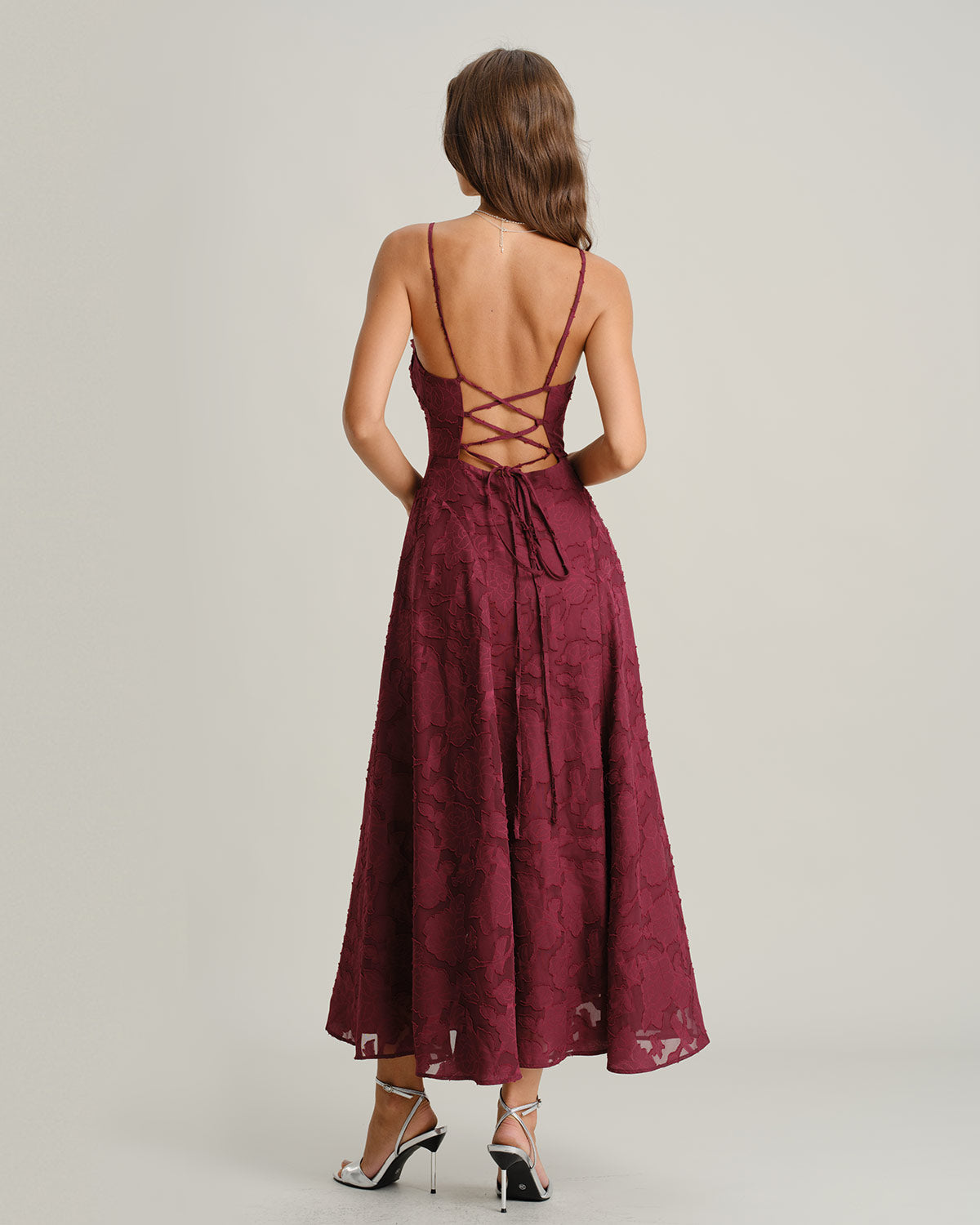 Women's Wine Red Jacquard Slip Maxi Dress – Elegant Evening Dress