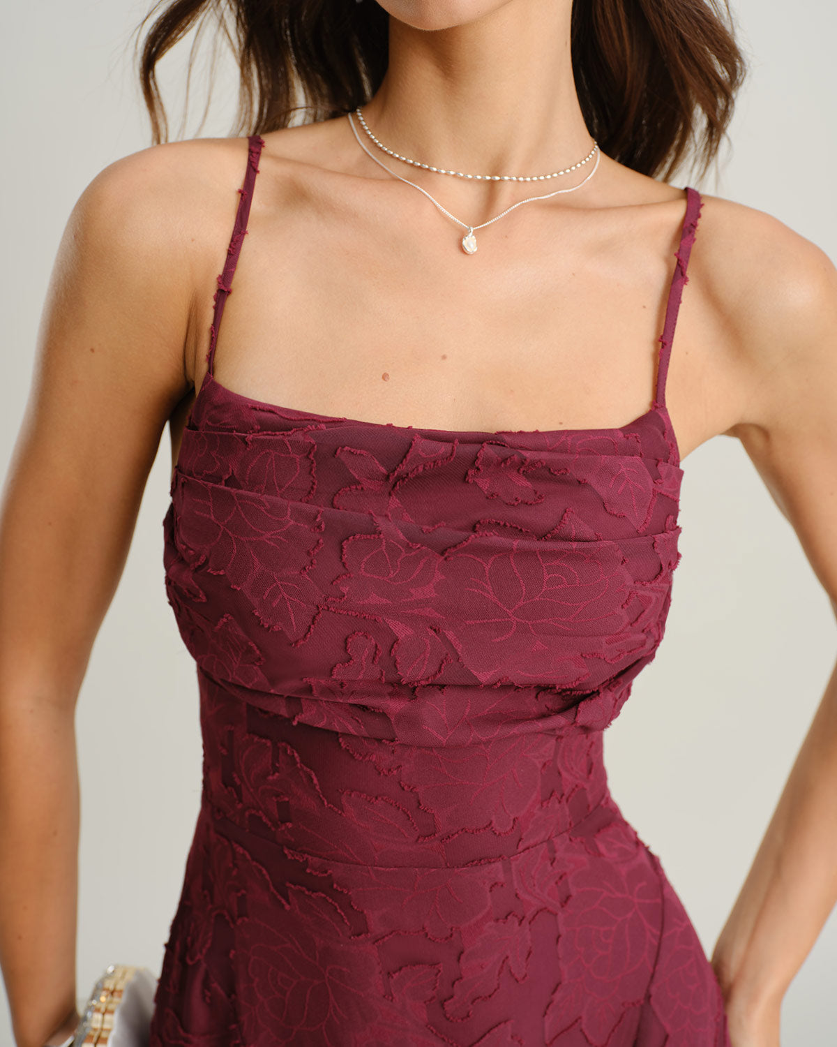 Women's Wine Red Jacquard Slip Maxi Dress – Elegant Evening Dress