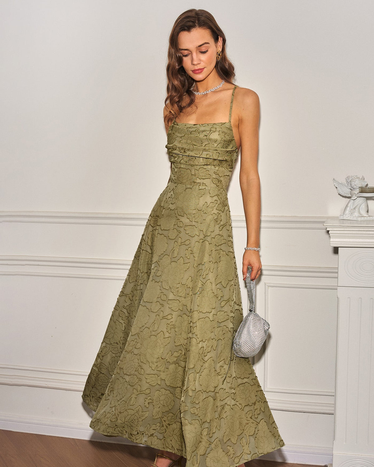 Women's Sage Green Jacquard Slip Maxi Dress – Cross Back Strap