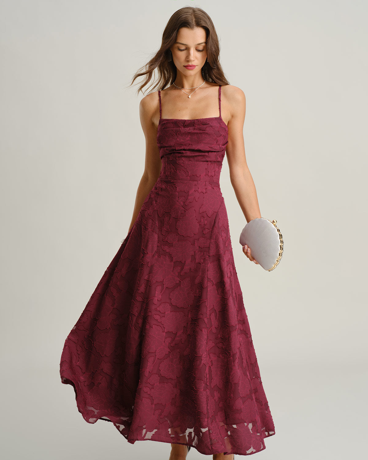Women's Wine Red Jacquard Slip Maxi Dress – Elegant Evening Dress